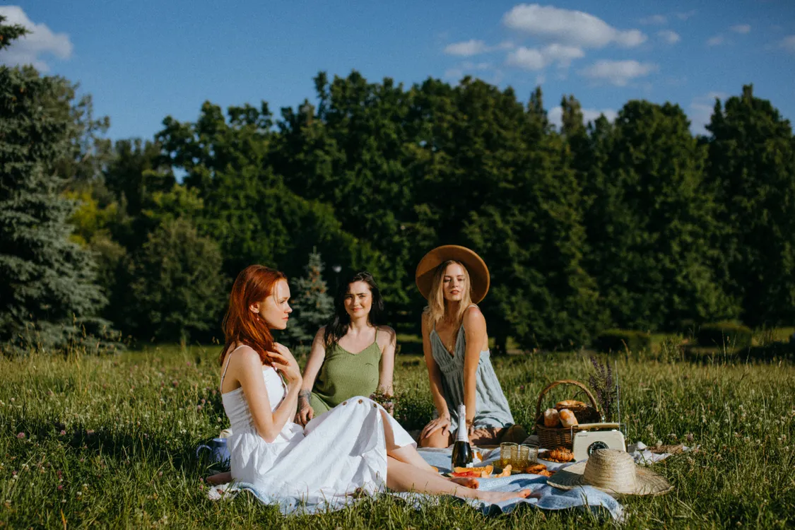 A group of adult friends enjoying a relaxed picnic outdoors